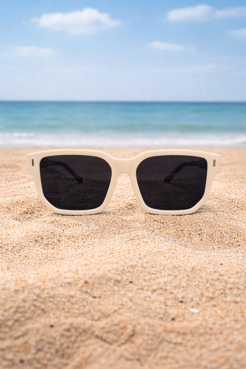 Sunglasses on a sandy beach with ocean and sky in the background