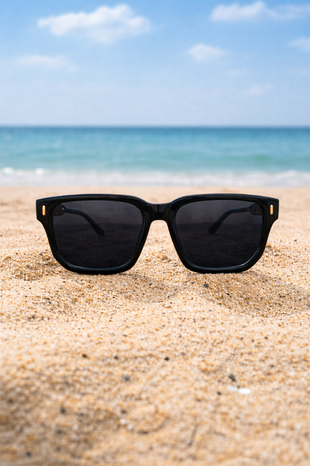 Black sunglasses on a sandy beach with ocean and blue sky in the background