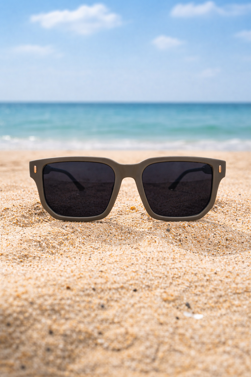 Sunglasses on a sandy beach with ocean and blue sky in the background