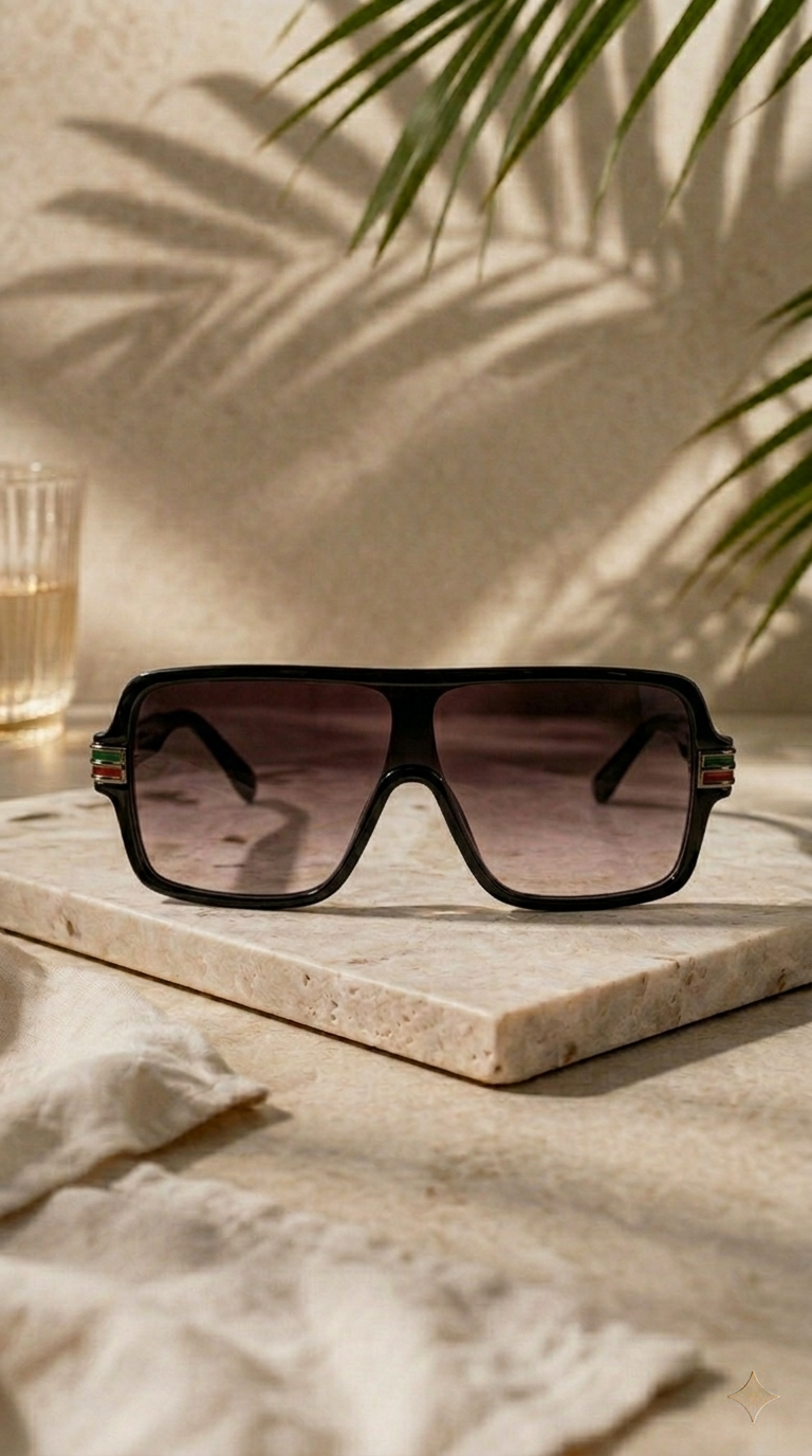 Black sunglasses on a marble surface with a glass of water and green leaves in the background