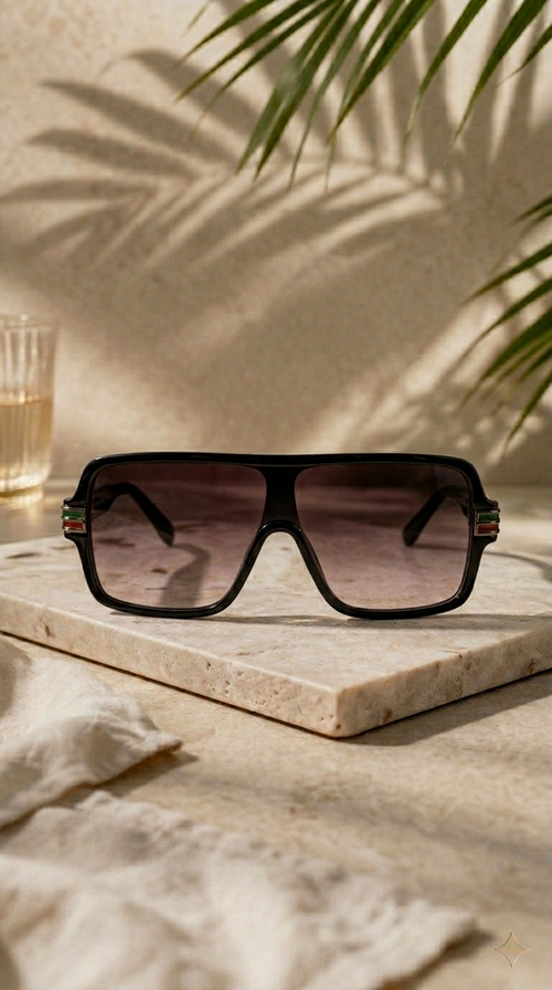 Black sunglasses on a marble surface with a glass of water and green leaves in the background