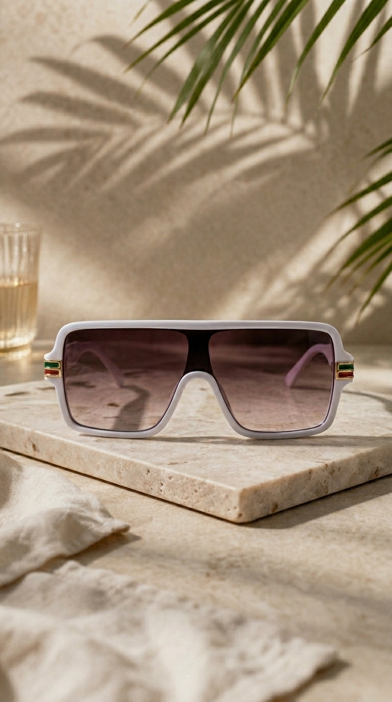 Sunglasses on a marble surface with a glass of water and palm leaves in the background