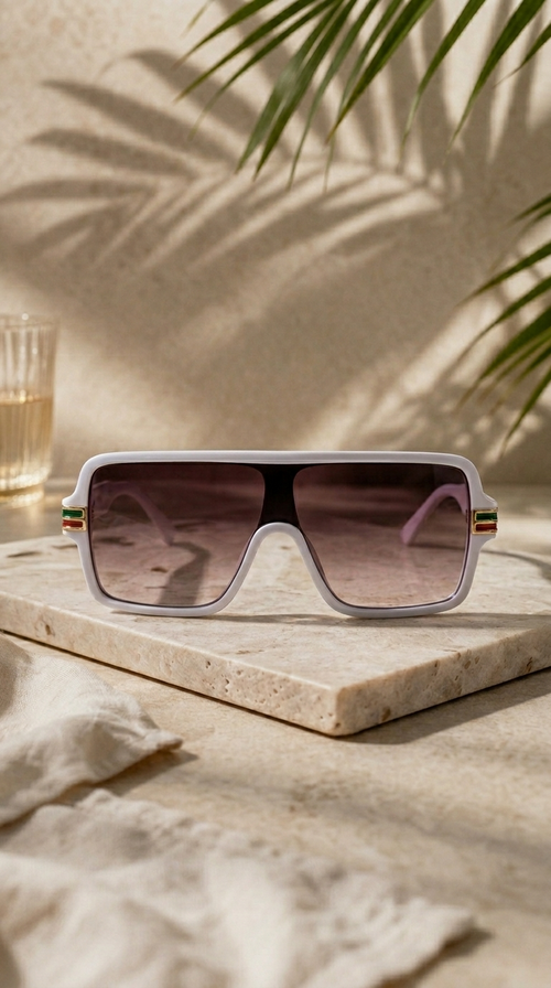 Sunglasses on a marble surface with a glass of water and palm leaves in the background