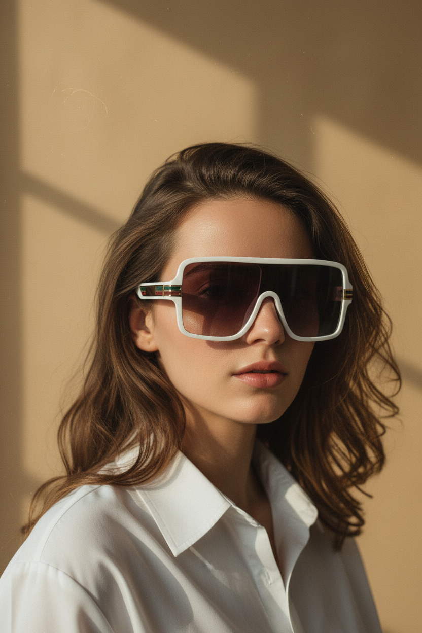 Woman wearing large sunglasses against a beige background