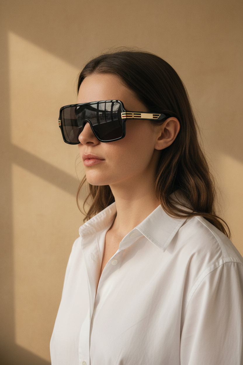 Female model side angle with black square sunglasses