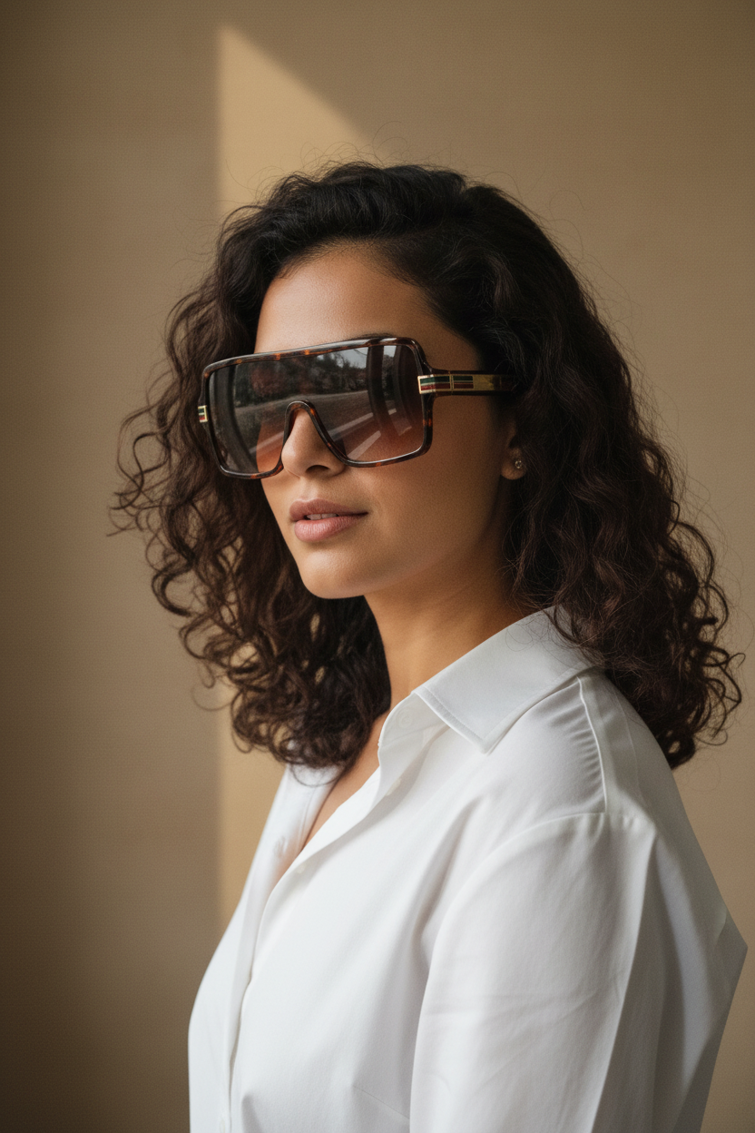Female model side angle with tortoise shell sunglasses
