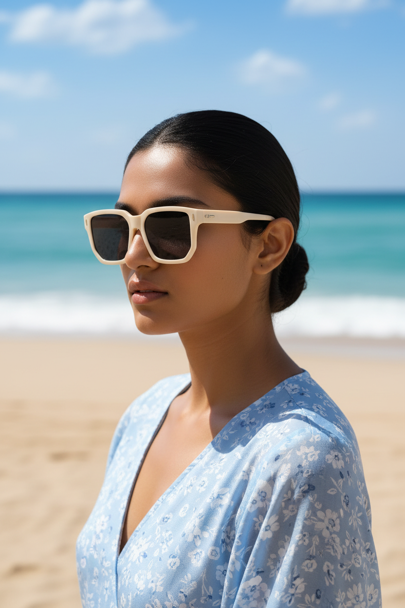 Indian female model 3/4 angle beach editorial