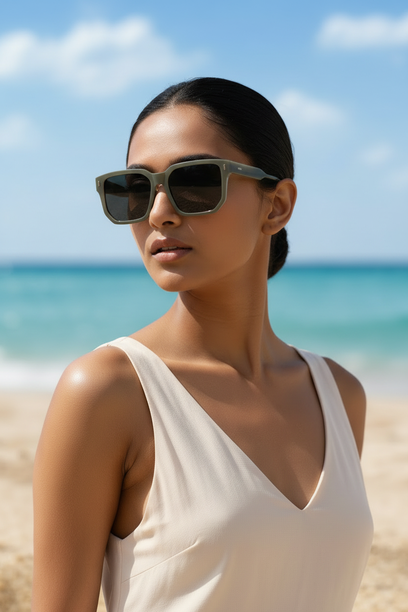 Indian female model close-up grey frames beach