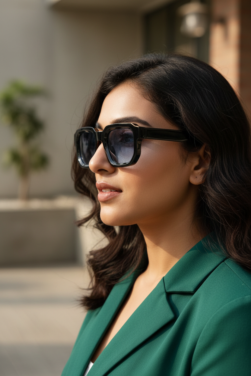 Indian female model close-up side angle wearing black square frames with blue lenses