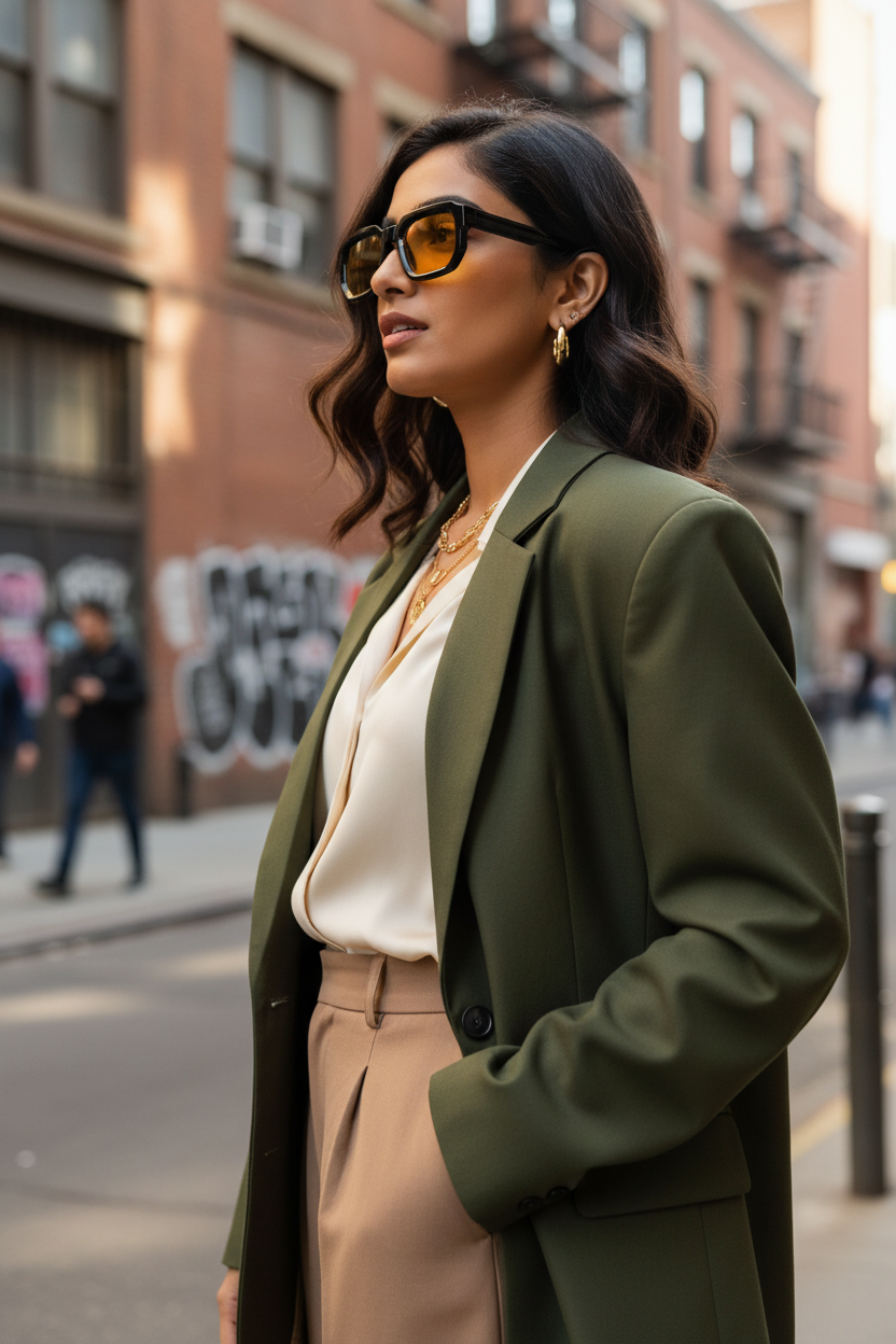 Indian female model side angle wearing black square frames with amber lenses
