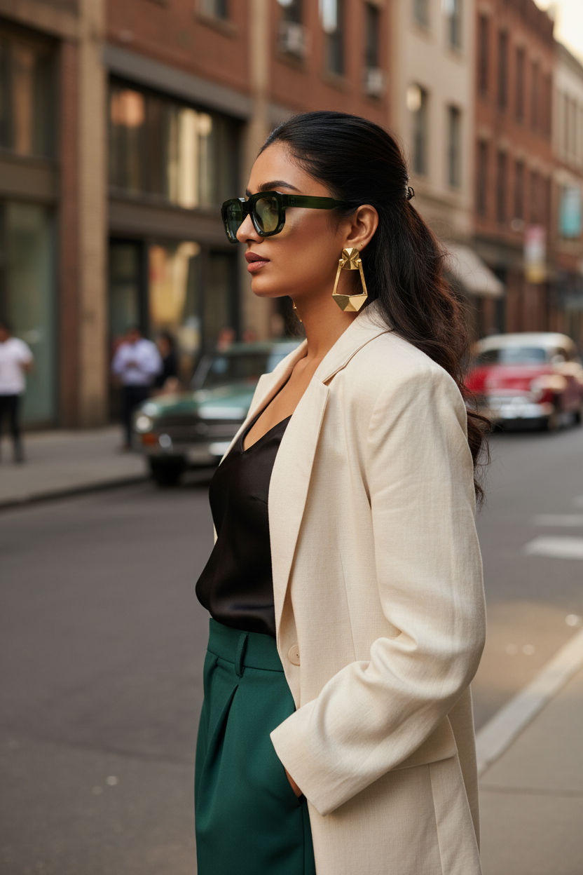 Indian female model side angle wearing dark green square frames with light green lenses