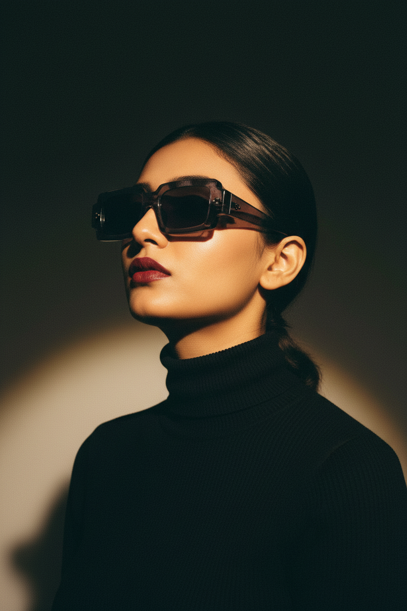 Indian Female Model - Transparent Smoke Grey Chunky Frames