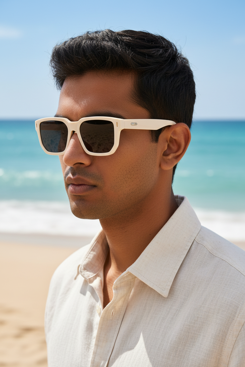 Indian male model 3/4 angle beach editorial
