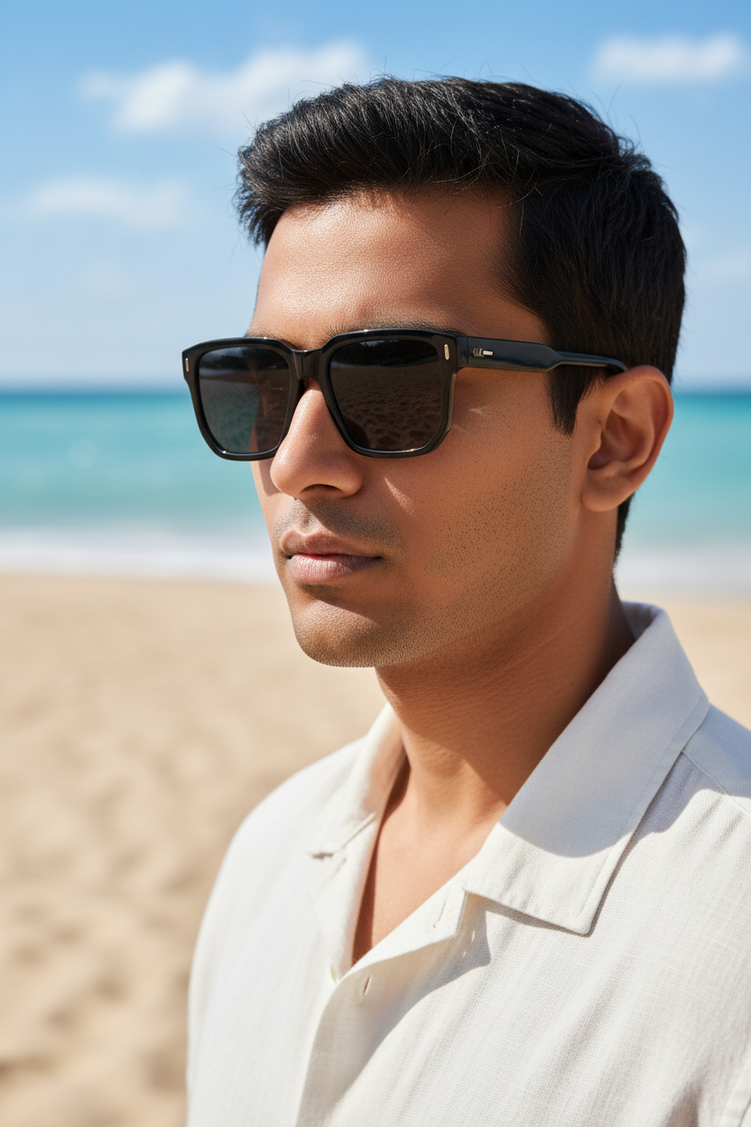 Indian male model black frames beach