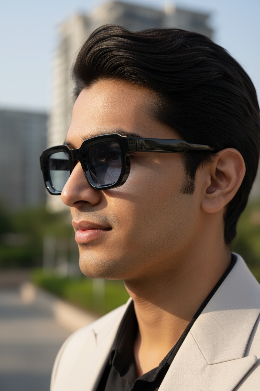 Indian male model close-up side angle wearing black square frames with blue lenses