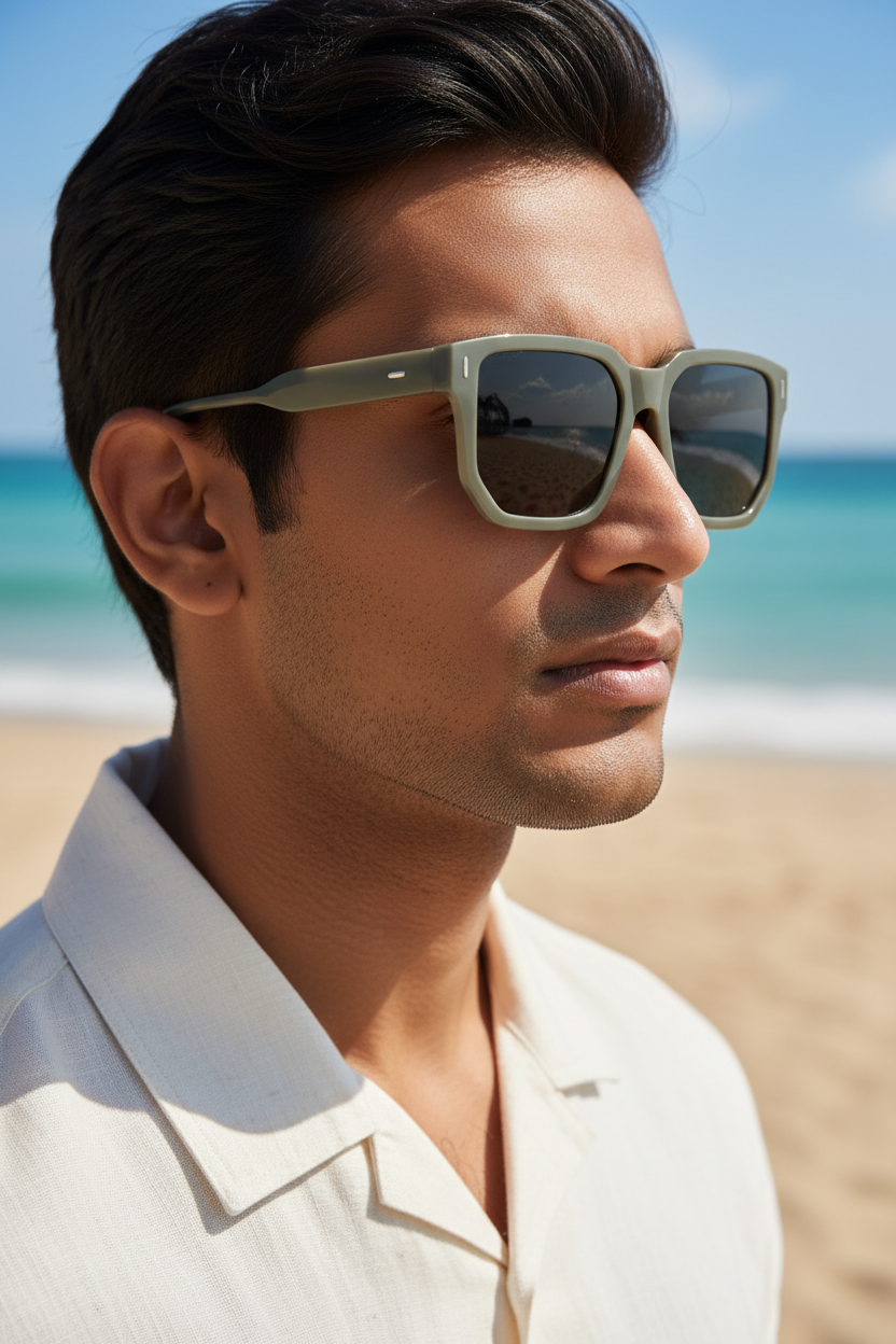 Indian male model grey frames beach