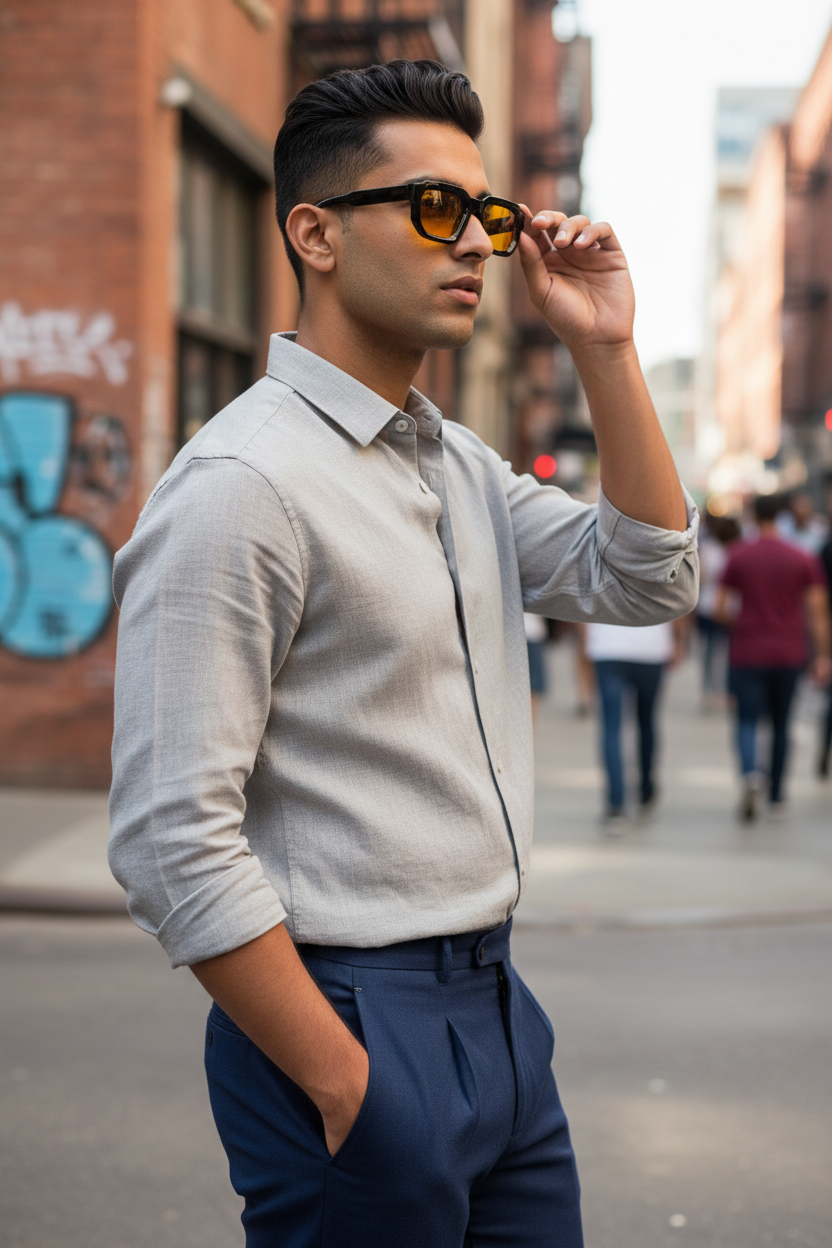 Indian male model side angle wearing black square frames with amber lenses