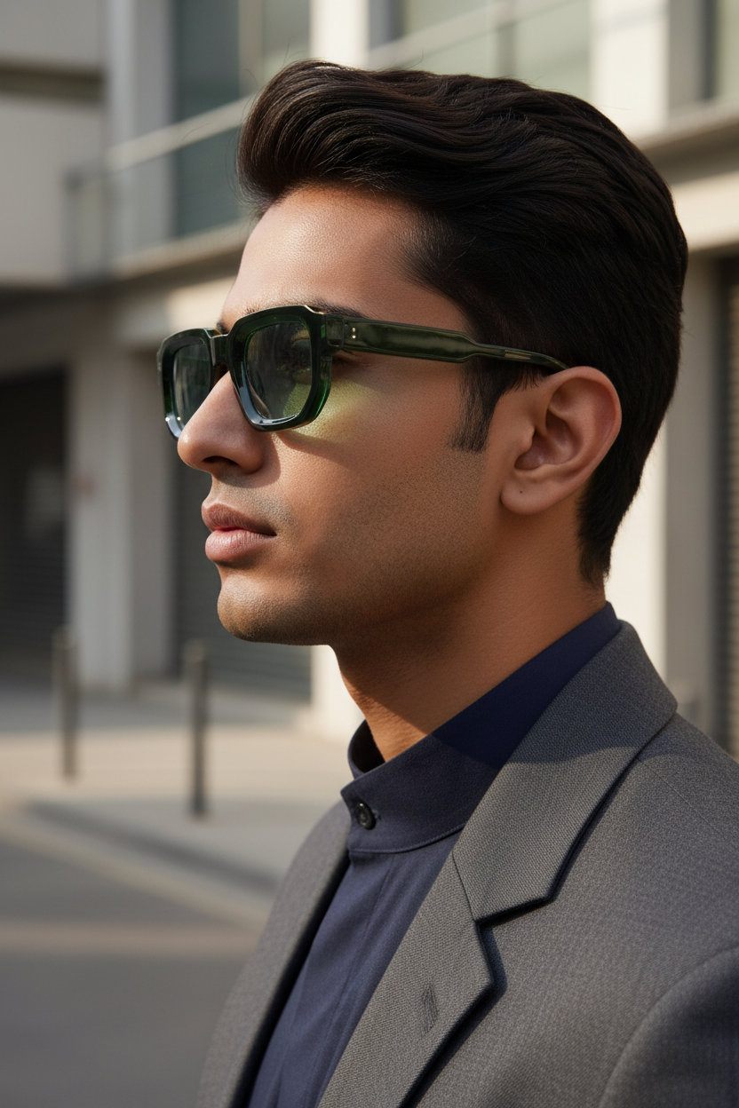 Indian male model side angle wearing dark green square frames with light green lenses