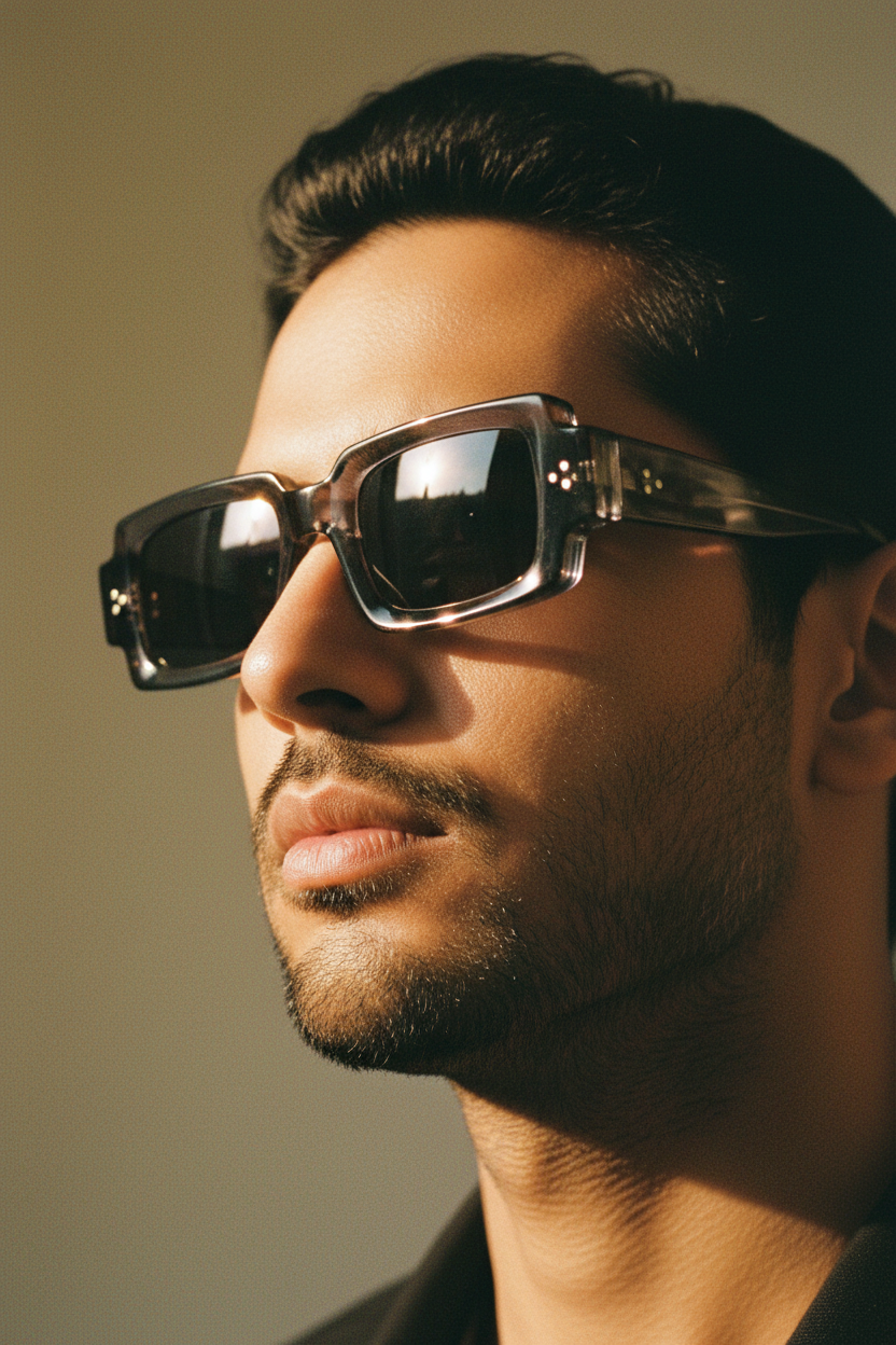 Indian Male Model - Transparent Smoke Grey Chunky Frames