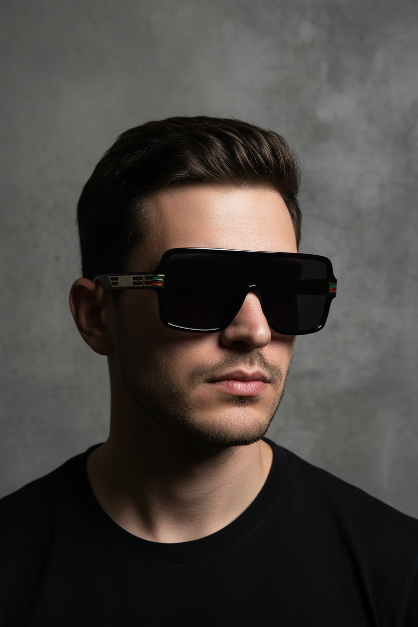 Male model with black square sunglasses