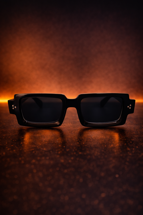 Black sunglasses on a reflective surface with a warm, blurred background