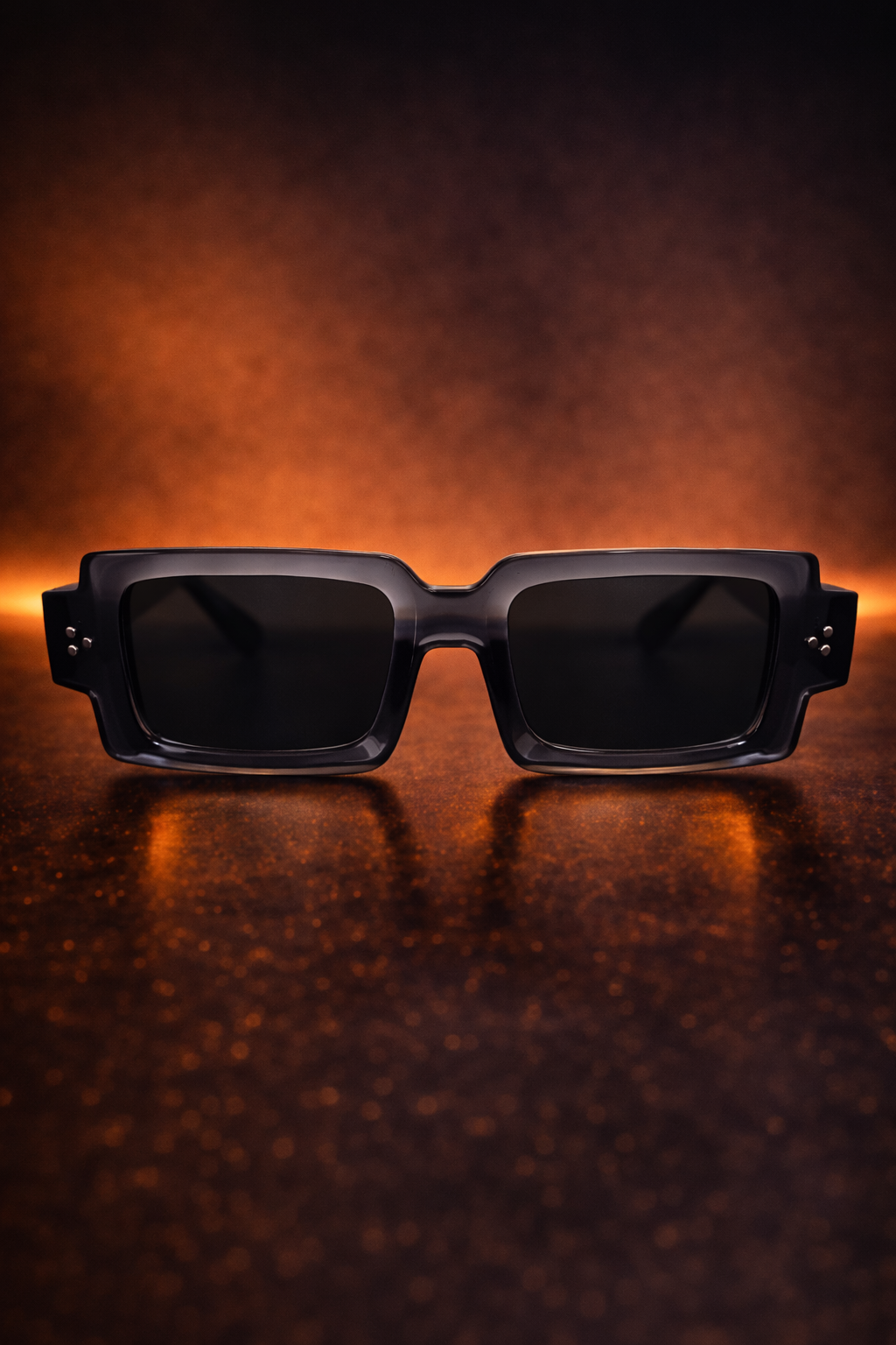 Black sunglasses on a textured brown surface with a warm glow