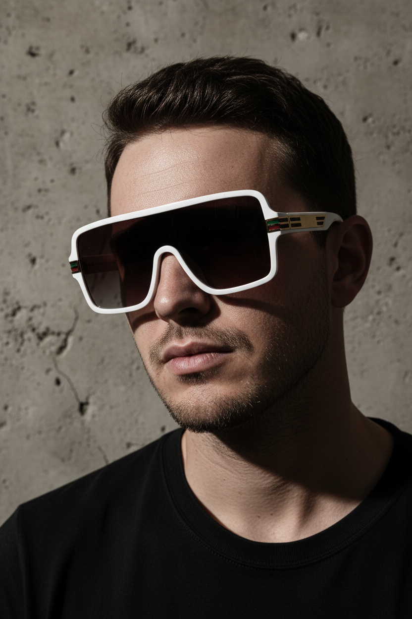 Man wearing large white sunglasses against a concrete wall