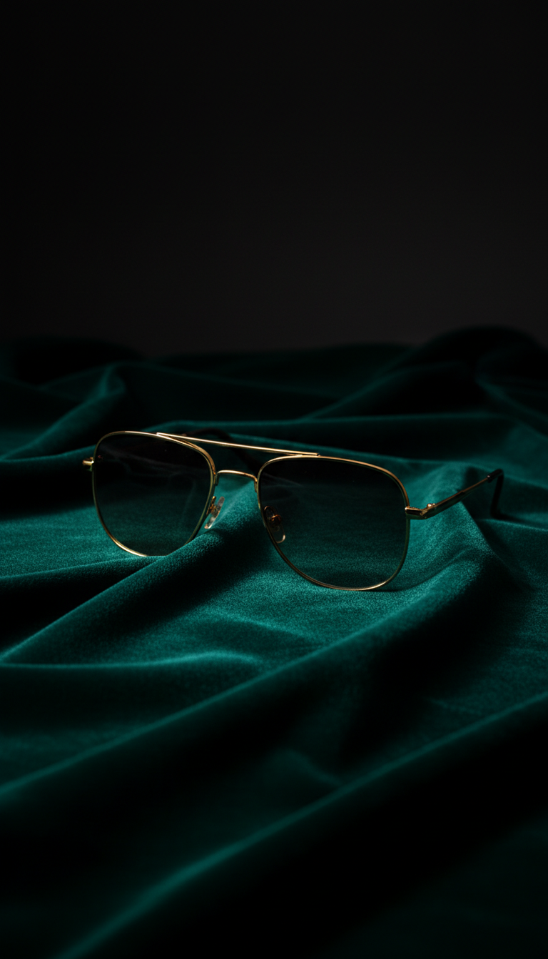 Gold-framed sunglasses on a dark fabric background