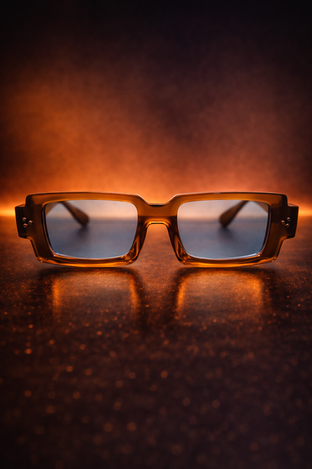 Pair of glasses with reflective lenses on a textured surface with a warm glow.