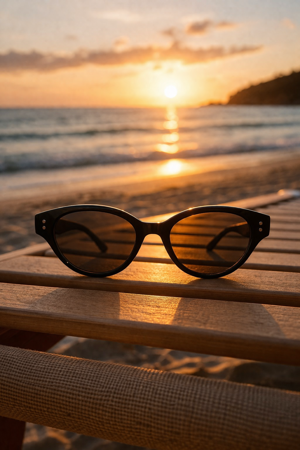 Sunglasses on a wooden surface with a sunset over water in the background