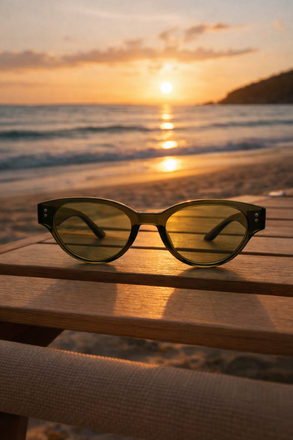 Sunglasses on a wooden surface with a sunset over water in the background