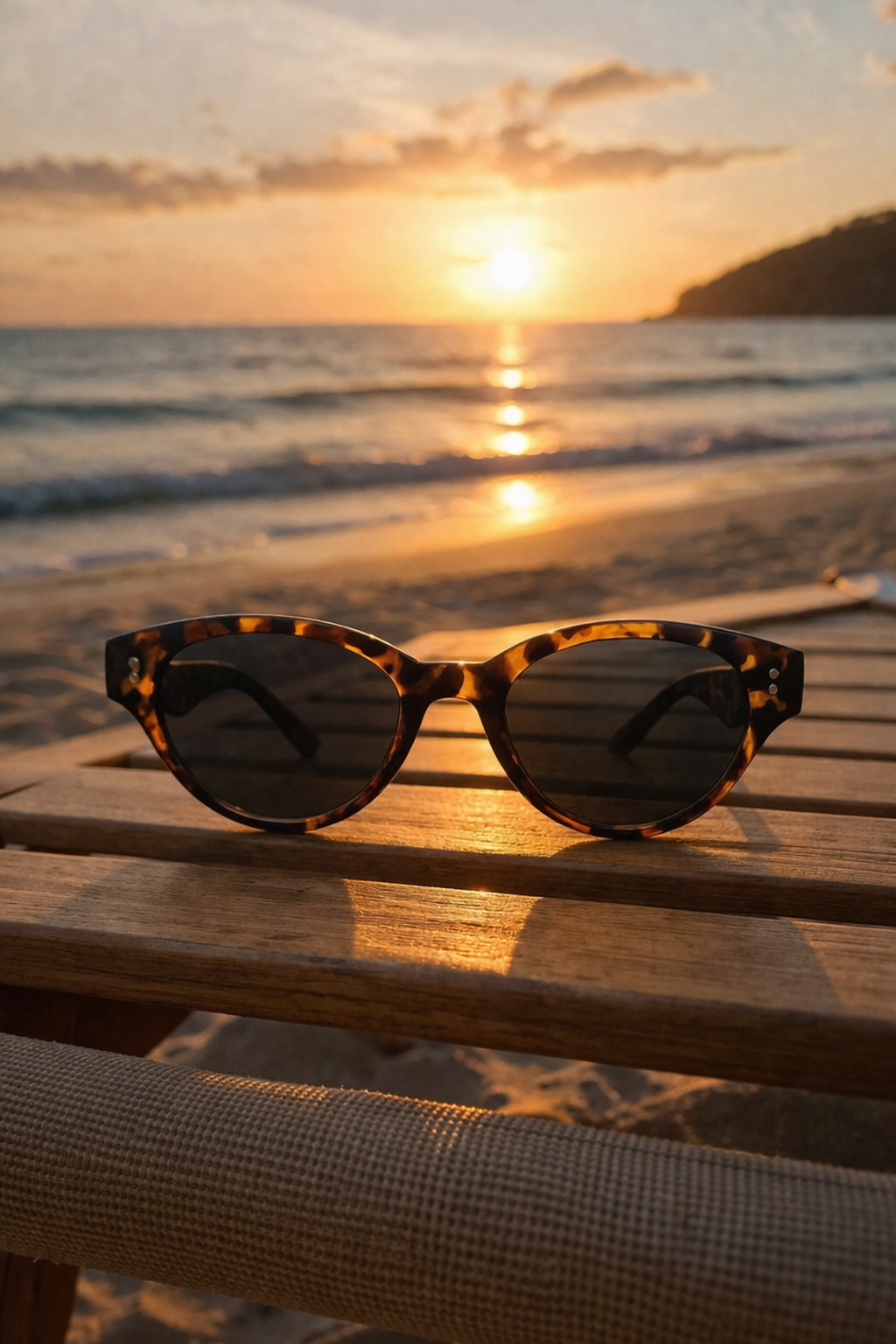Sunglasses on a wooden surface with a sunset over water in the background
